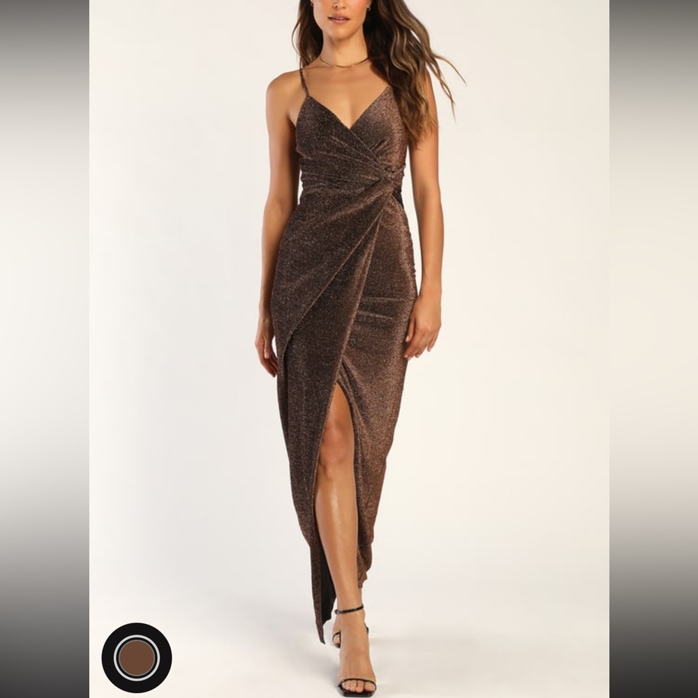 Lulus A Night of Radiance Bronze Sparkly Twist Front Maxi Dress